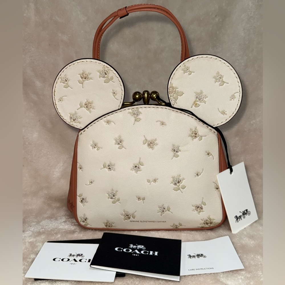 Limited Disney x Coach Minnie Mouse Kisslock Bag Cream & Pink Floral Print New!